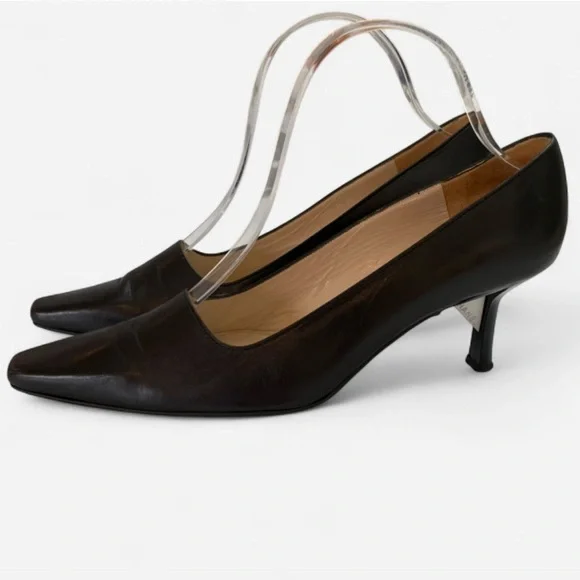 Chanel Black Leather Square Toe Kitten Heels Logo Vintage Size 7 - Picture 2 of 11